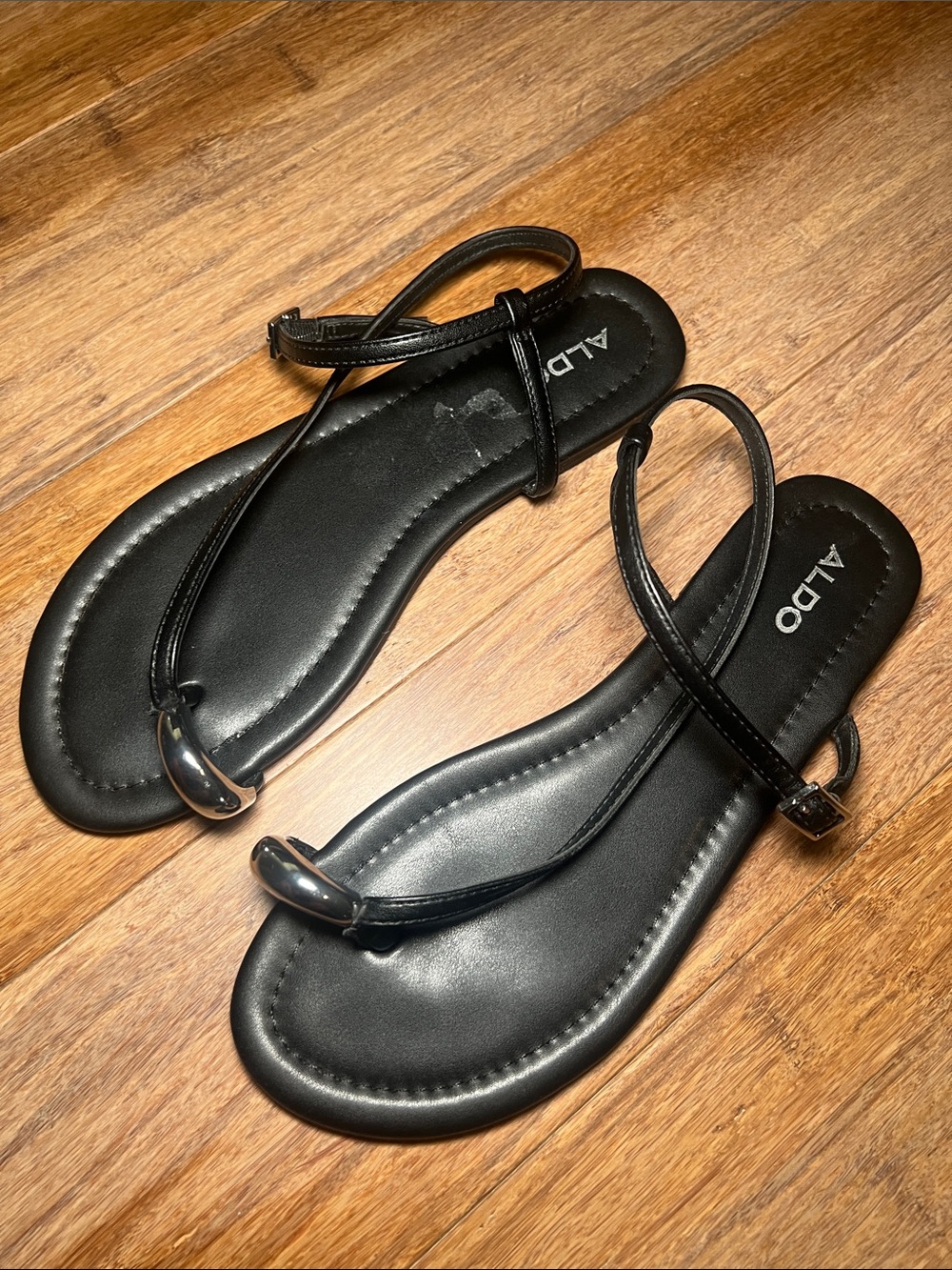 Aldo Black Leather Minimalist T-Strap Sandals
